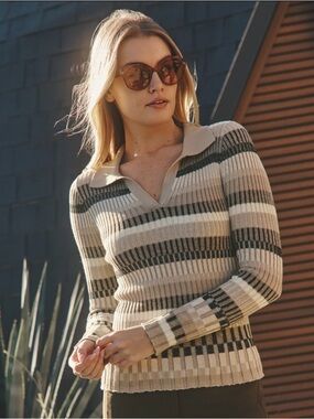 Alp N Rock Ribbed V-Neck Polo Stripe Sweater - Beige & Olive